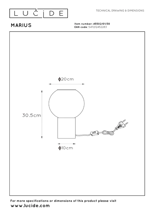 Lucide MARIUS - Tafellamp - Ø 20 cm - 1xE27 - Zwart - technisch